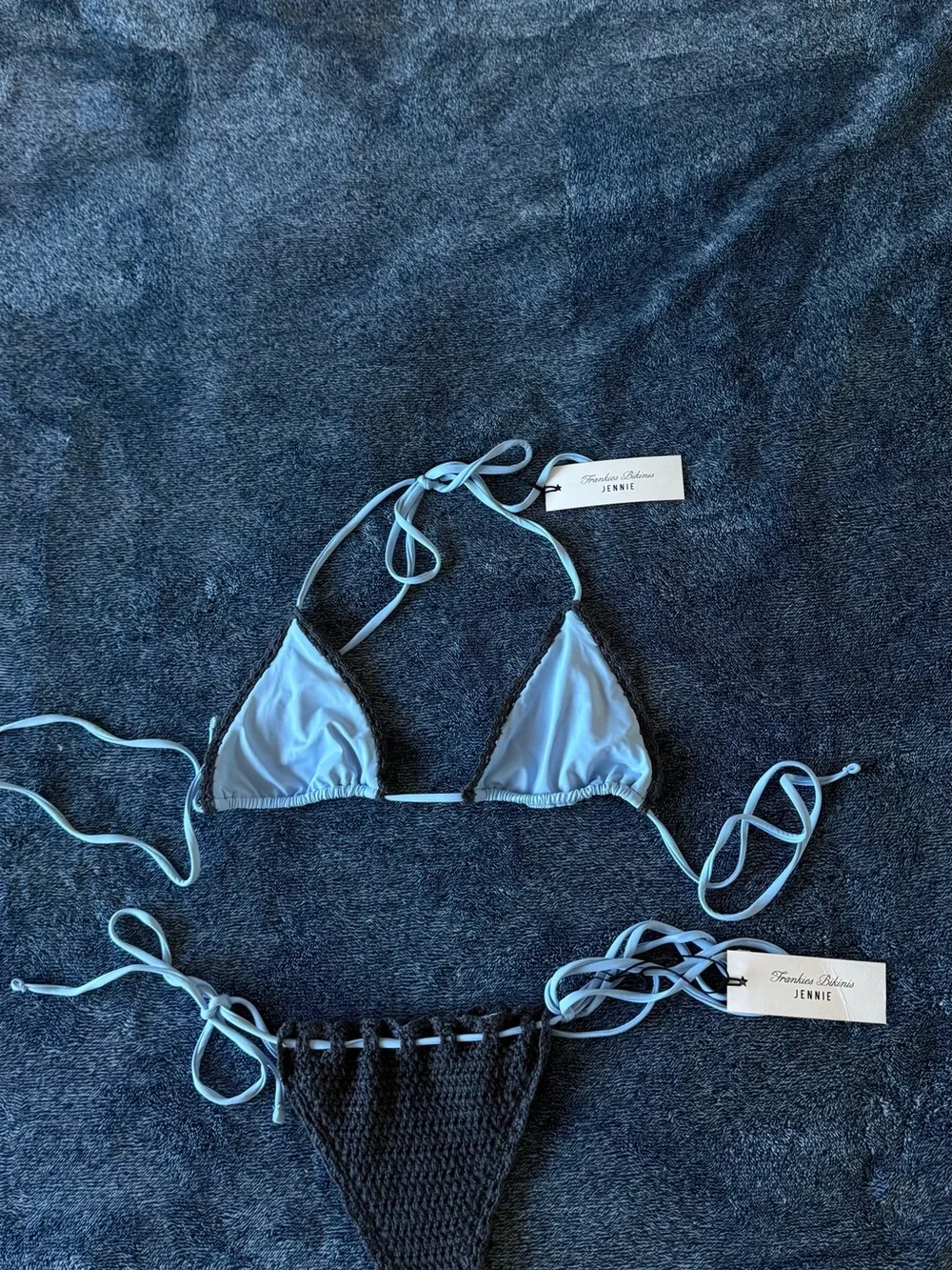 NWT Frankies Bikinis X Jennie Two-Tone Blue Triangle Crochet Bikini Set👙💙🩵